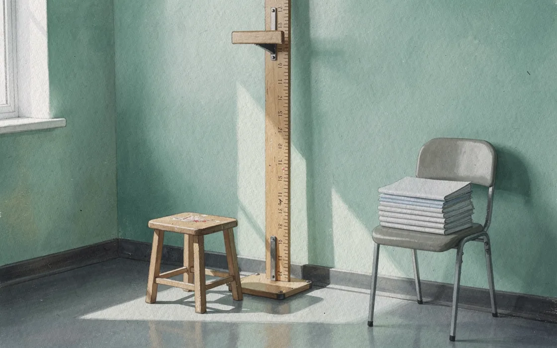 Illustration of an empty height-measuring instrument beside a stool in a sunlit pale green research room
