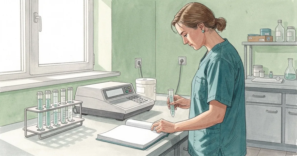 Illustrated laboratory technician comparing a sample rack with an open research folio at a pale teal bench