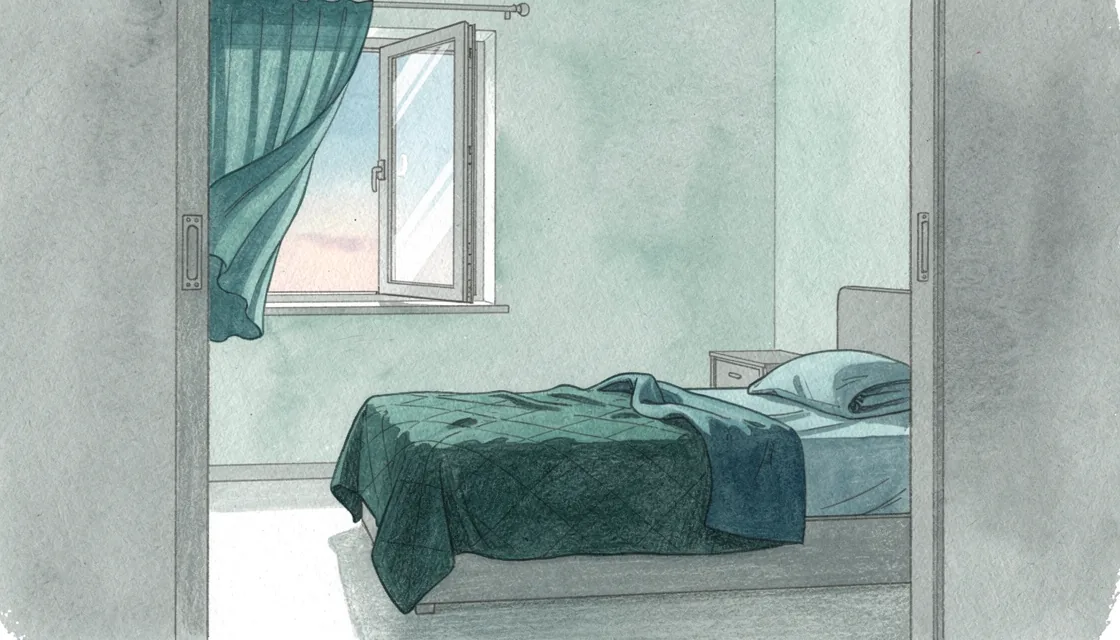 Painted empty bed with a rumpled quilt, an open window and pale dawn light on a teal curtain
